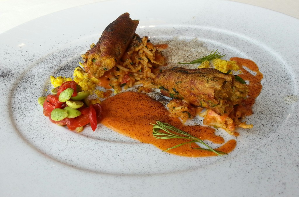 Pumpkin seekh with tawa pulao, saffron chhenna, edamame & bell pepper salad, with burnt onion powder